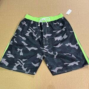 Kids Boys Camo Swim Trunks Neon Green L 12 14 Vacation Summer Shorts